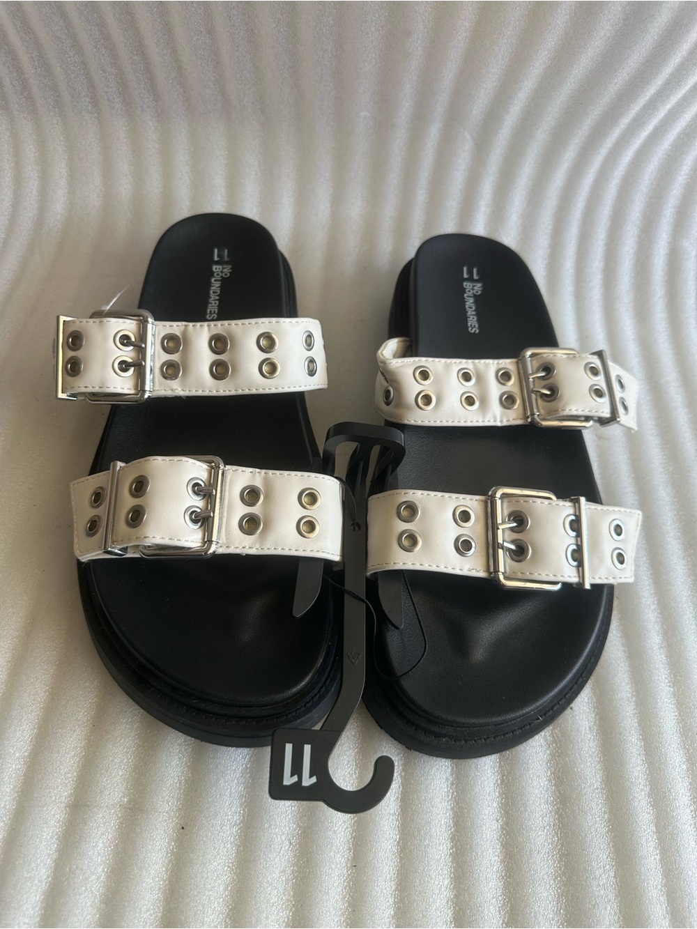 No Boundaries White and Black Double Buckle Slide Sandals